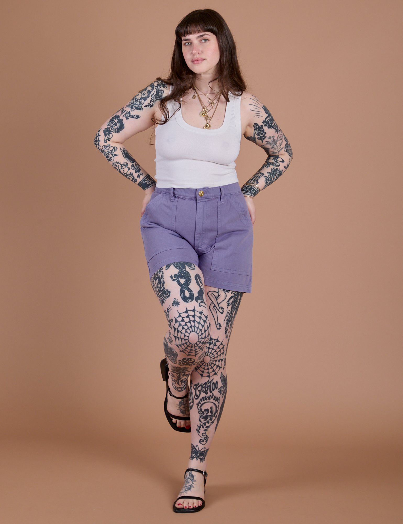 Classic Work Shorts in Faded Grape and Cropped Tank in Vintage Tee White on Sydney