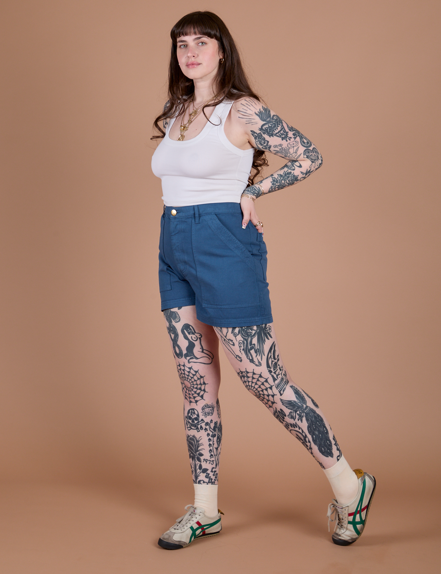 Angled front view of Classic Work Shorts in French Blue paired with Cropped Tank in Vintage Tee White