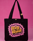 Bodega Shopper Tote in Explosion. Black bag body with screenprint bubblegum explosion shape and Big Bud in yellow text.