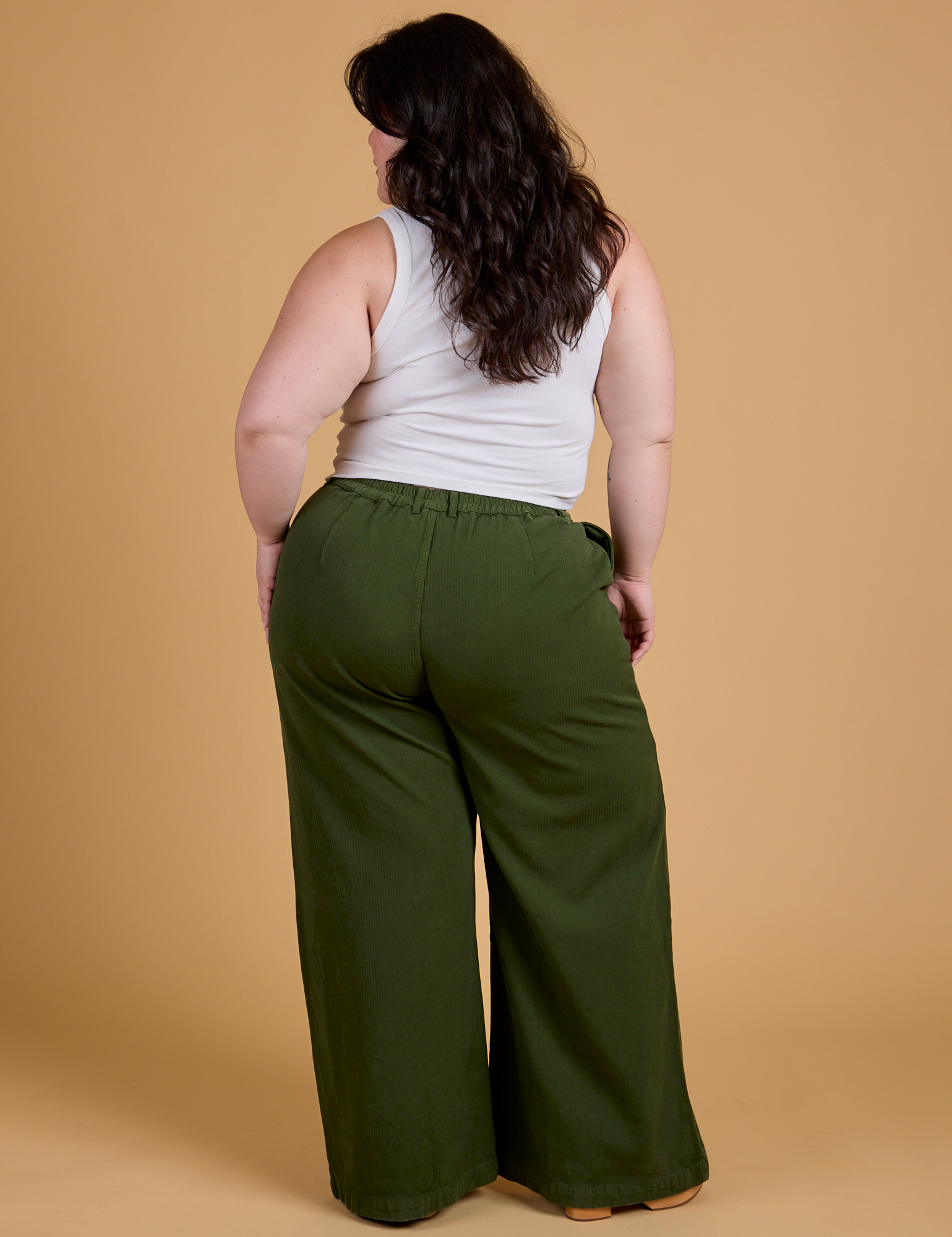 Heritage Wide Leg Trousers in Evergreen back view on Ashley