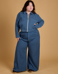 Ashley is wearing Heritage Mechanic Jacket in French Blue and matching Wide Leg Trousers