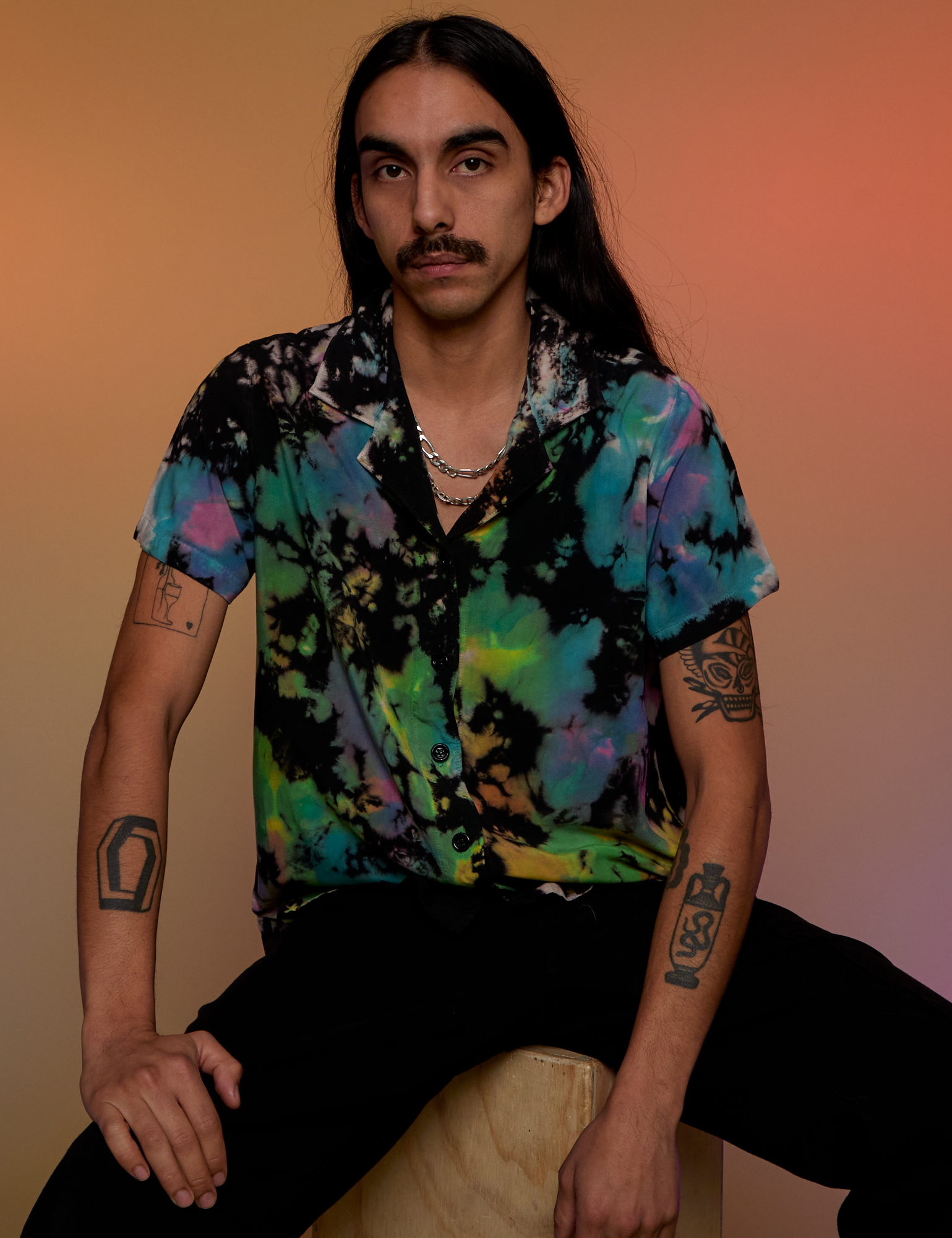 Pantry Button-Up in Rainbow Magic Waters worn by Anthony