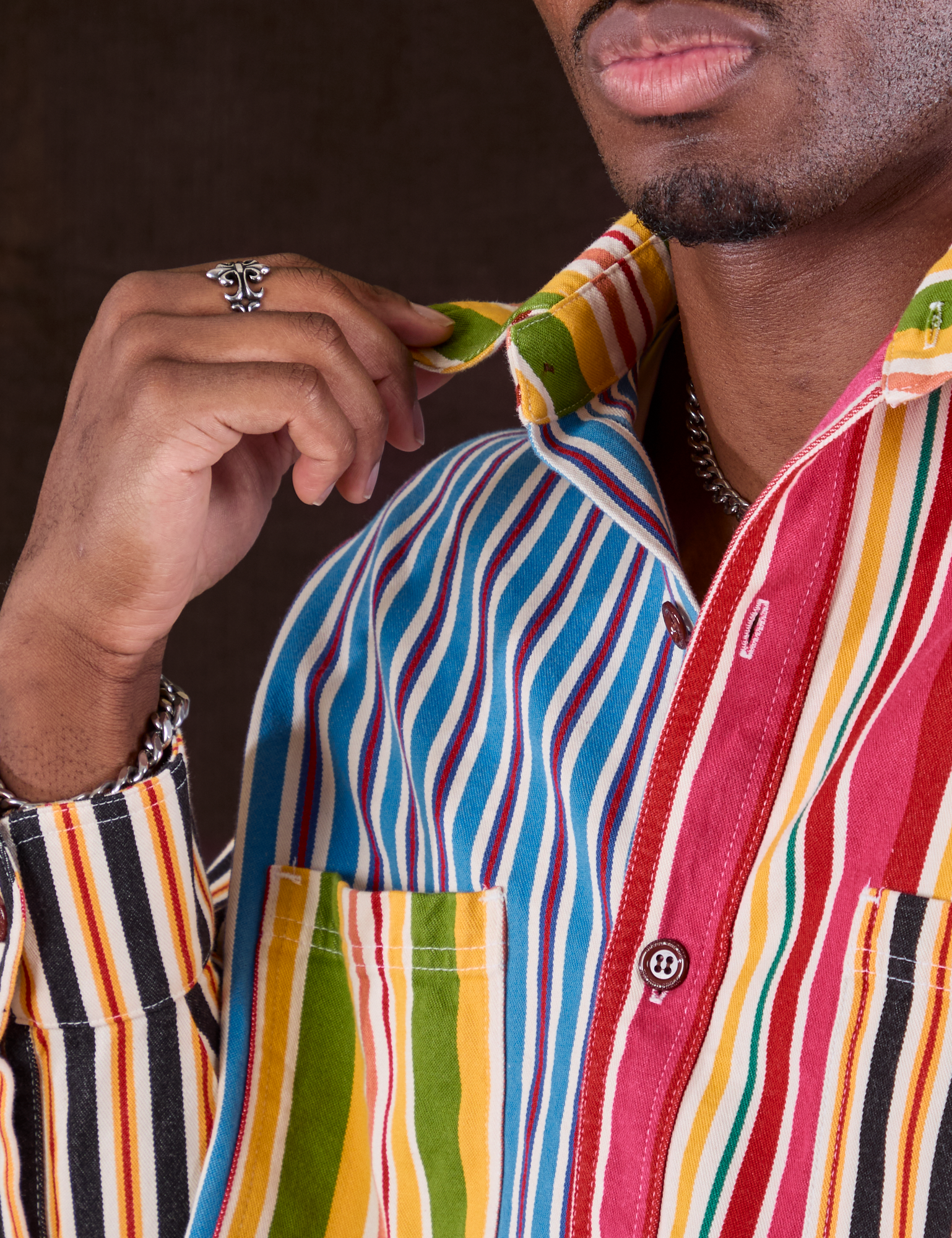 Cropped Overshirt in Mixed Stripe front close up on Isaac