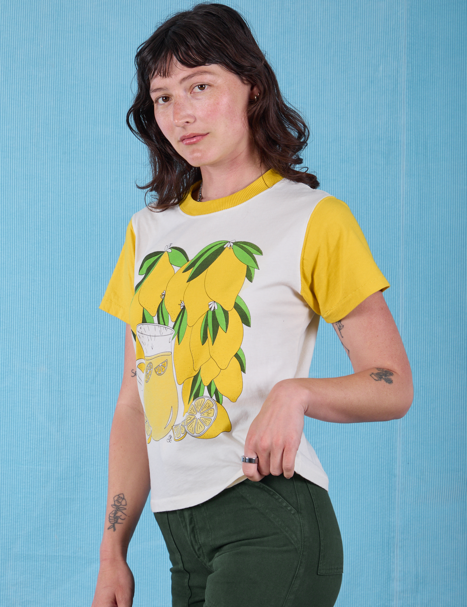 Anniversary Tee in Lemon angled front view on Alex