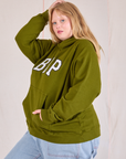 Collegiate Hoodie in Summer Olive side view on Juliet