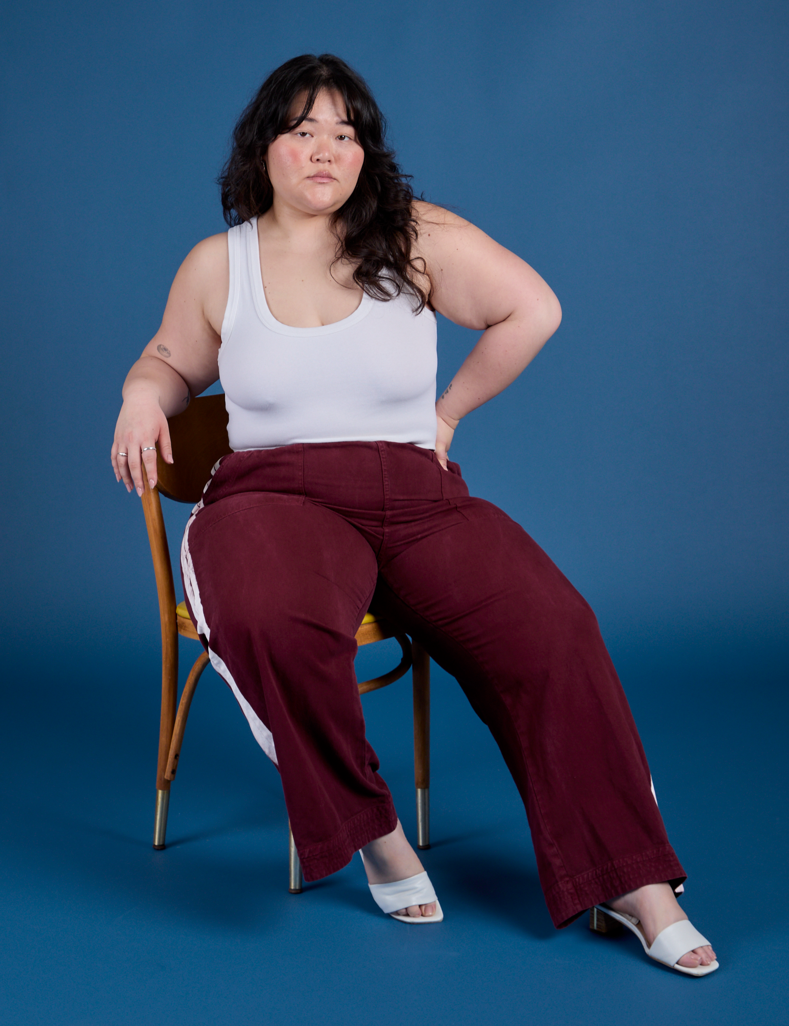 Painted Action Pants in Red Wine and Cropped Tank in Vintage Tee White on Ashley