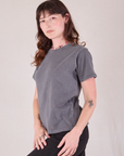 Burly Tee in Washed Grey angled front view on Alex