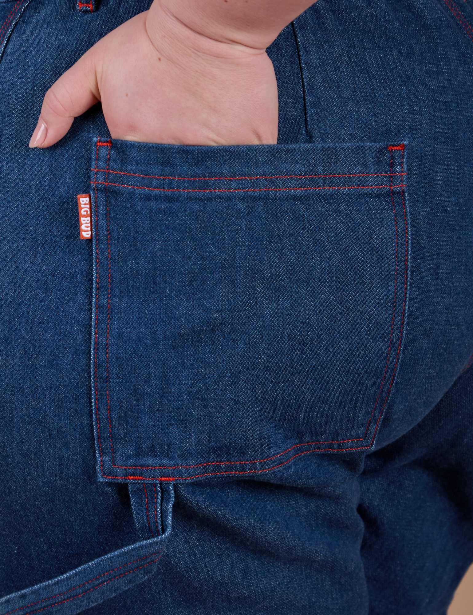 Close up of Ashley's hand in the back pocket of Carpenter Jeans in Dark Wash