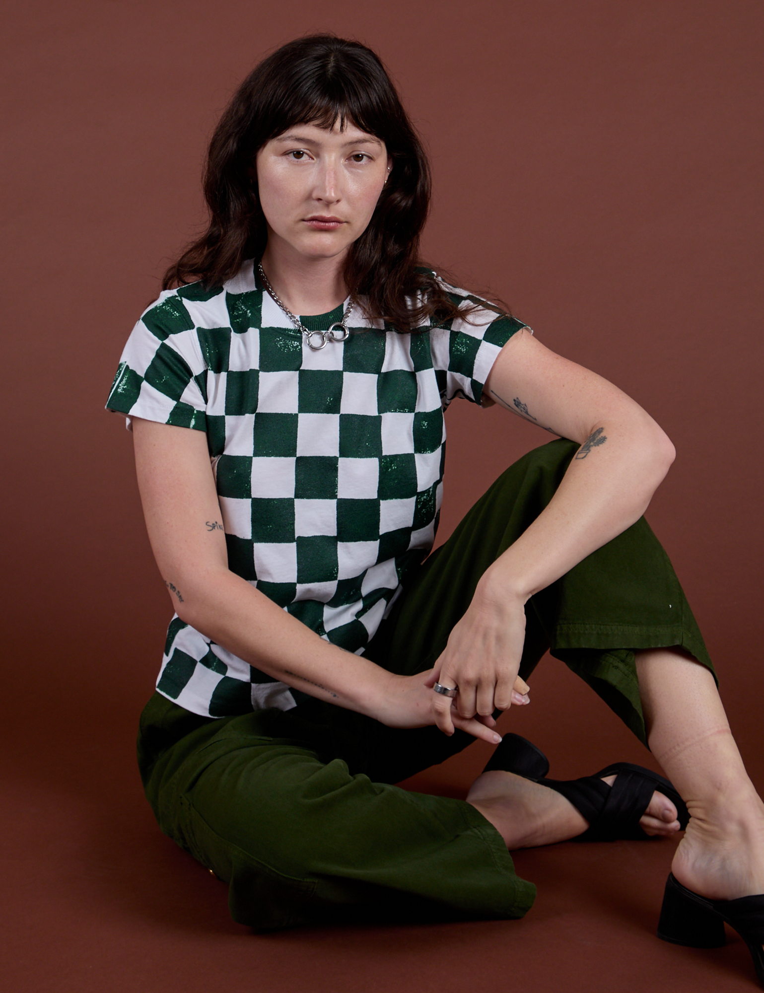 Checker Organic Tee in Swamp Green worn by Alex