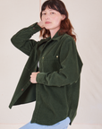 Side view of Corduroy Overshirt in Swamp Green on Alex