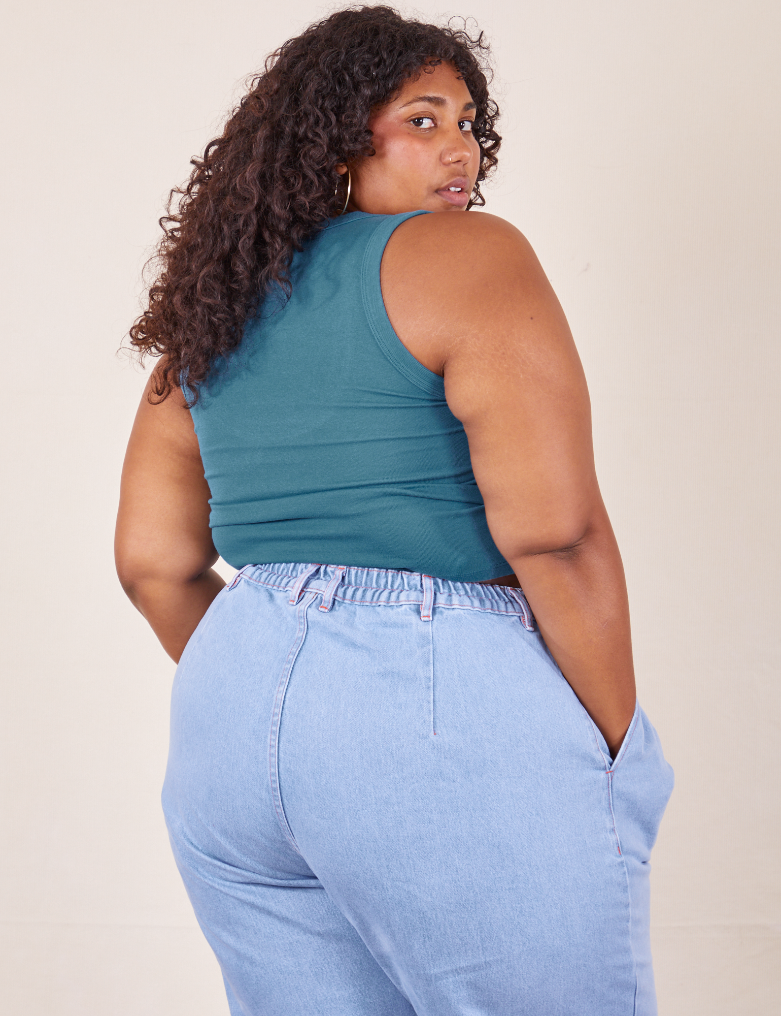 Back view of Cropped Tank Top in Marine Blue worn by Morgan