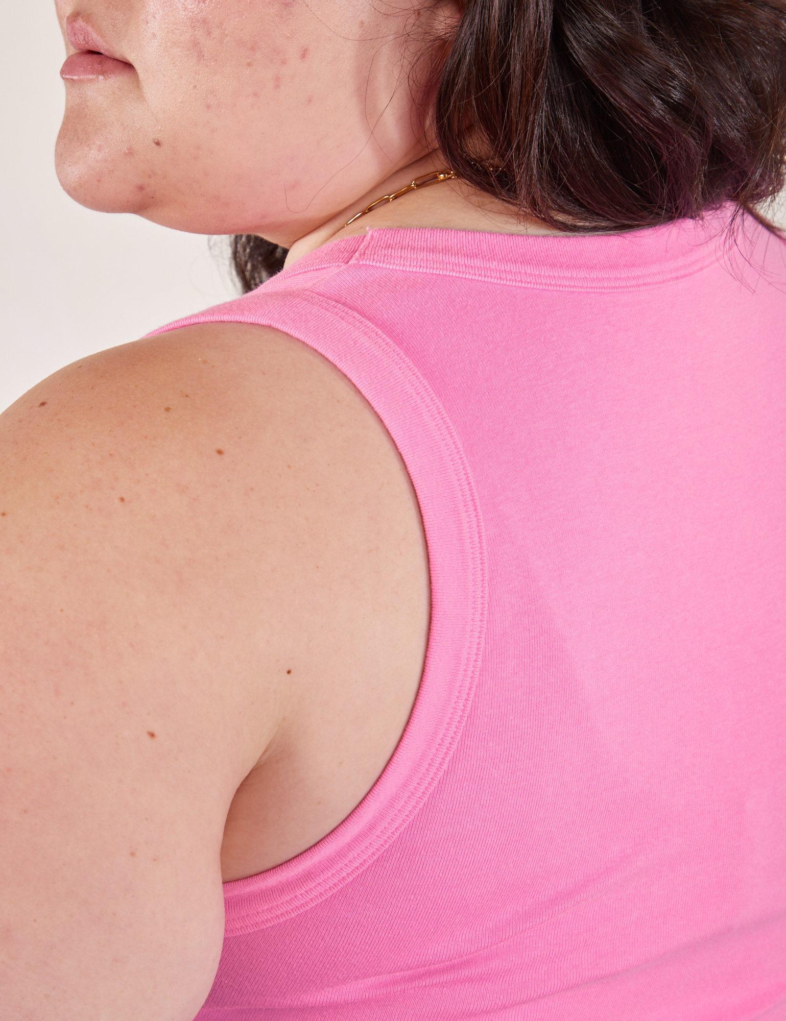 Cropped Tank Top in Bubblegum Pink back shoulder close up on Ashley