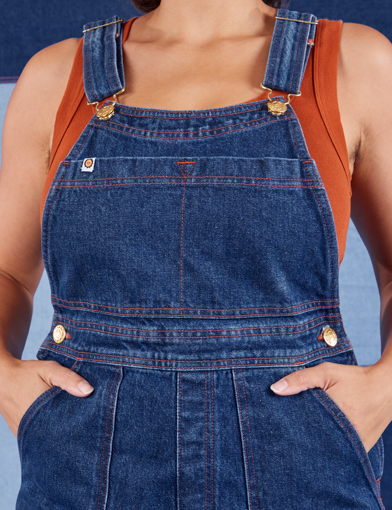 Indigo Denim Original Overalls in Dark Wash front close up on Tiara