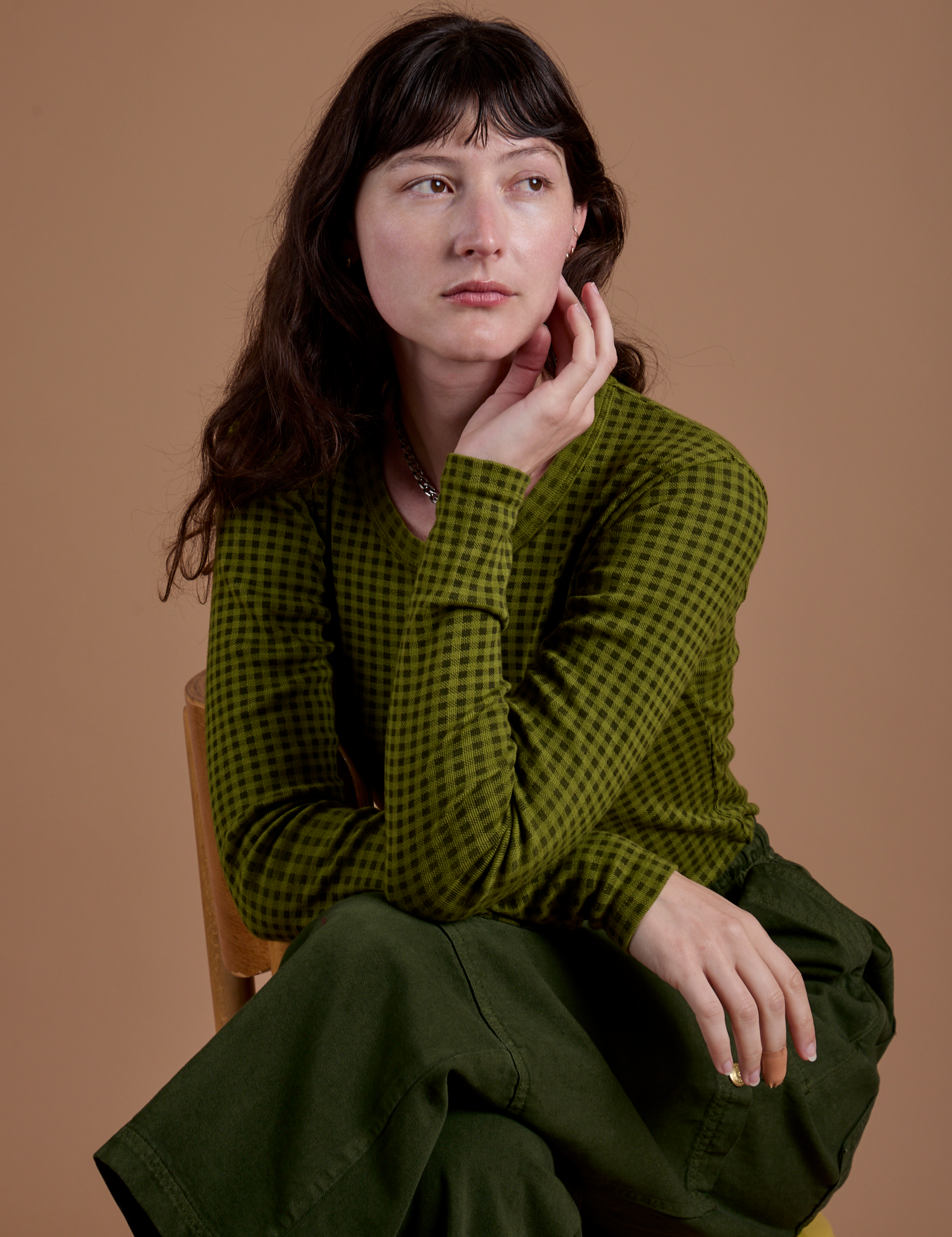 Gingham Long Sleeve Baby Tee in Summer Olive on Alex