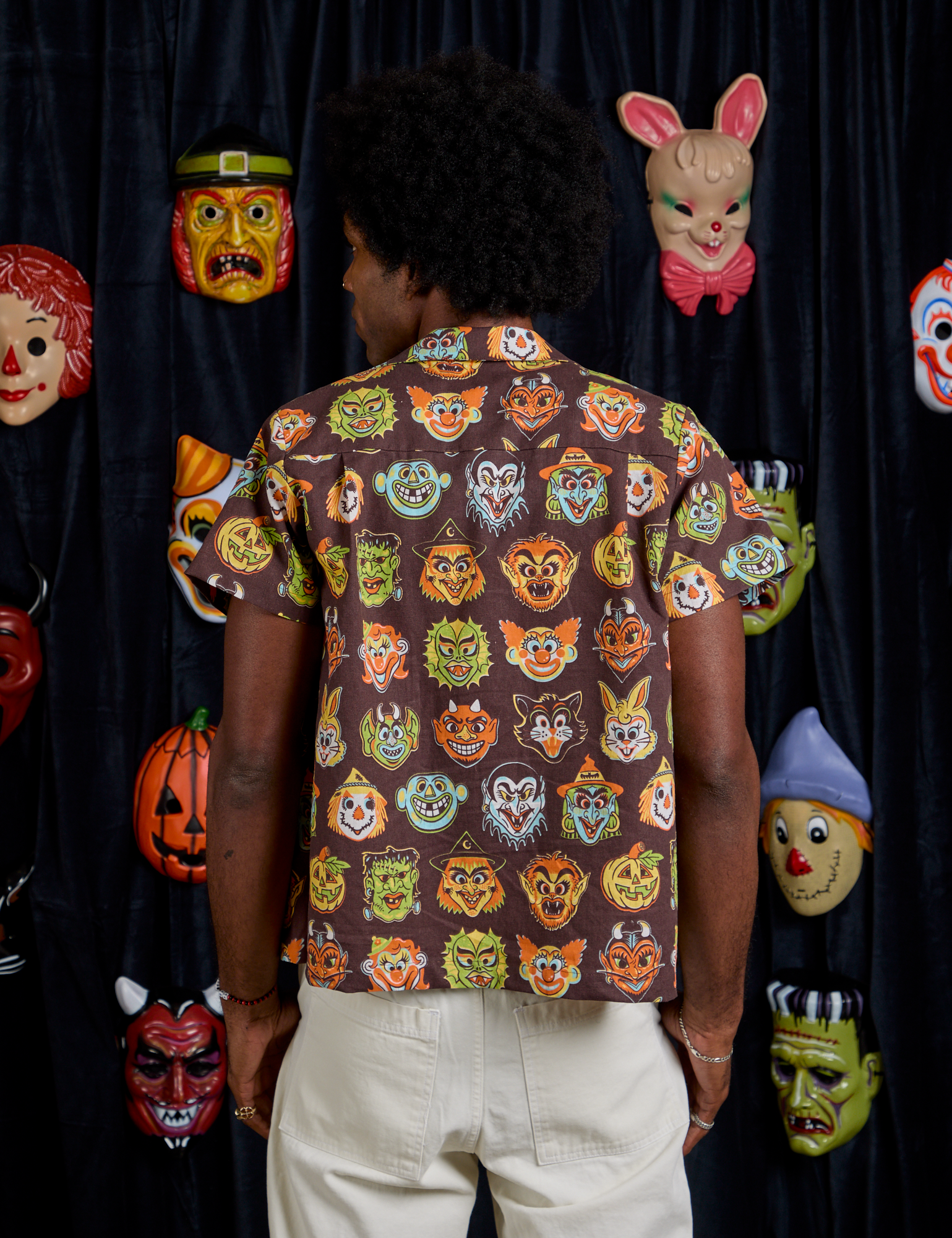 Halloween Masks Pantry Button-Up back view on Jerrod