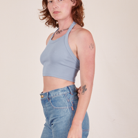 Angled view of Halter Top in Periwinkle worn by Alex