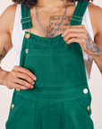 Front close up of Original Overalls in Mono Hunter Green worn by Jesse