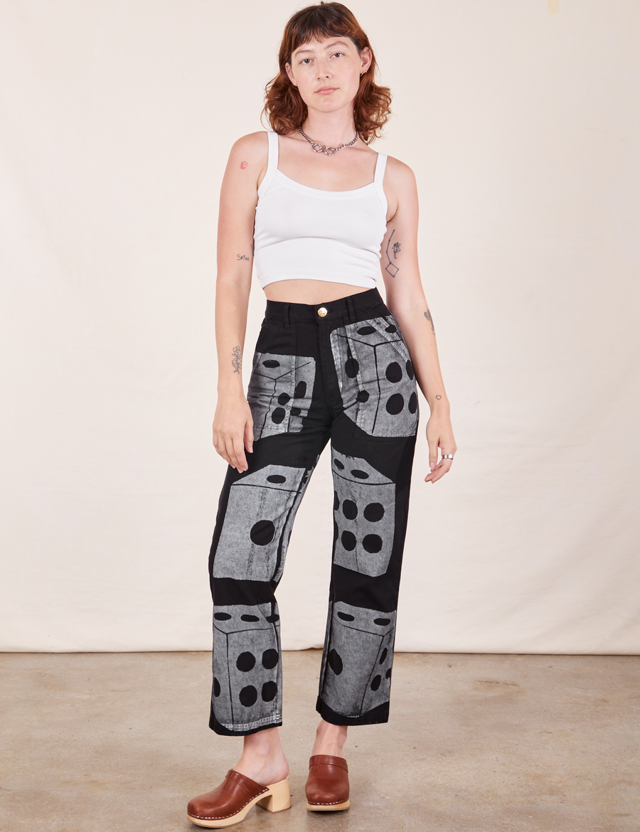 Alex is wearing Icon Work Pants in Dice and vintage off-white Cropped Cami