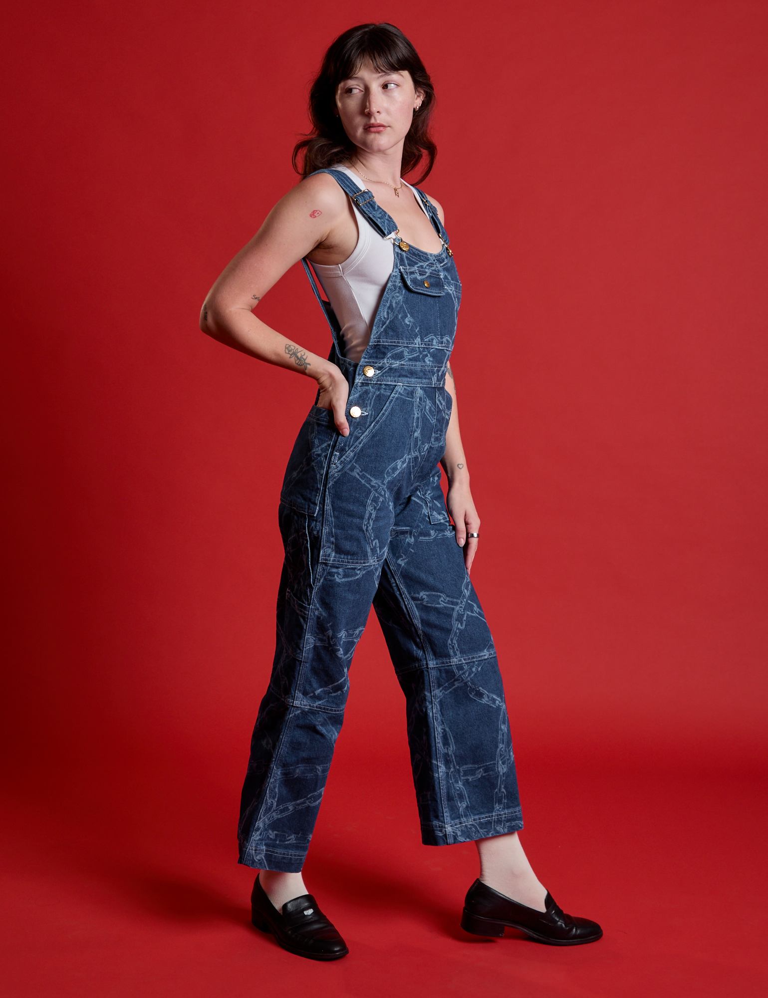 Side view of Carpenter Overalls in Chain Link on Alex