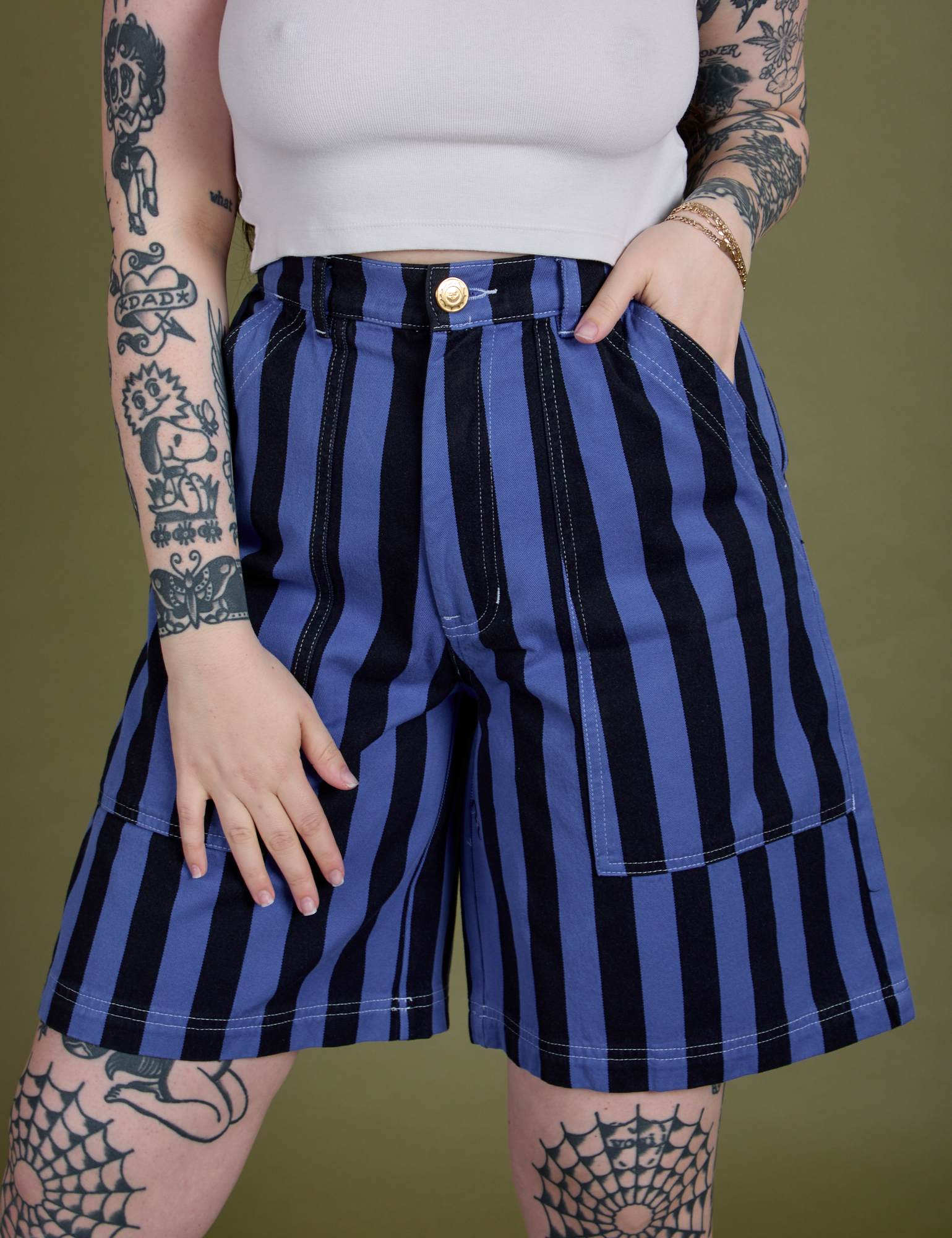 Longline Work Shorts in Cornflower close up on Sydney