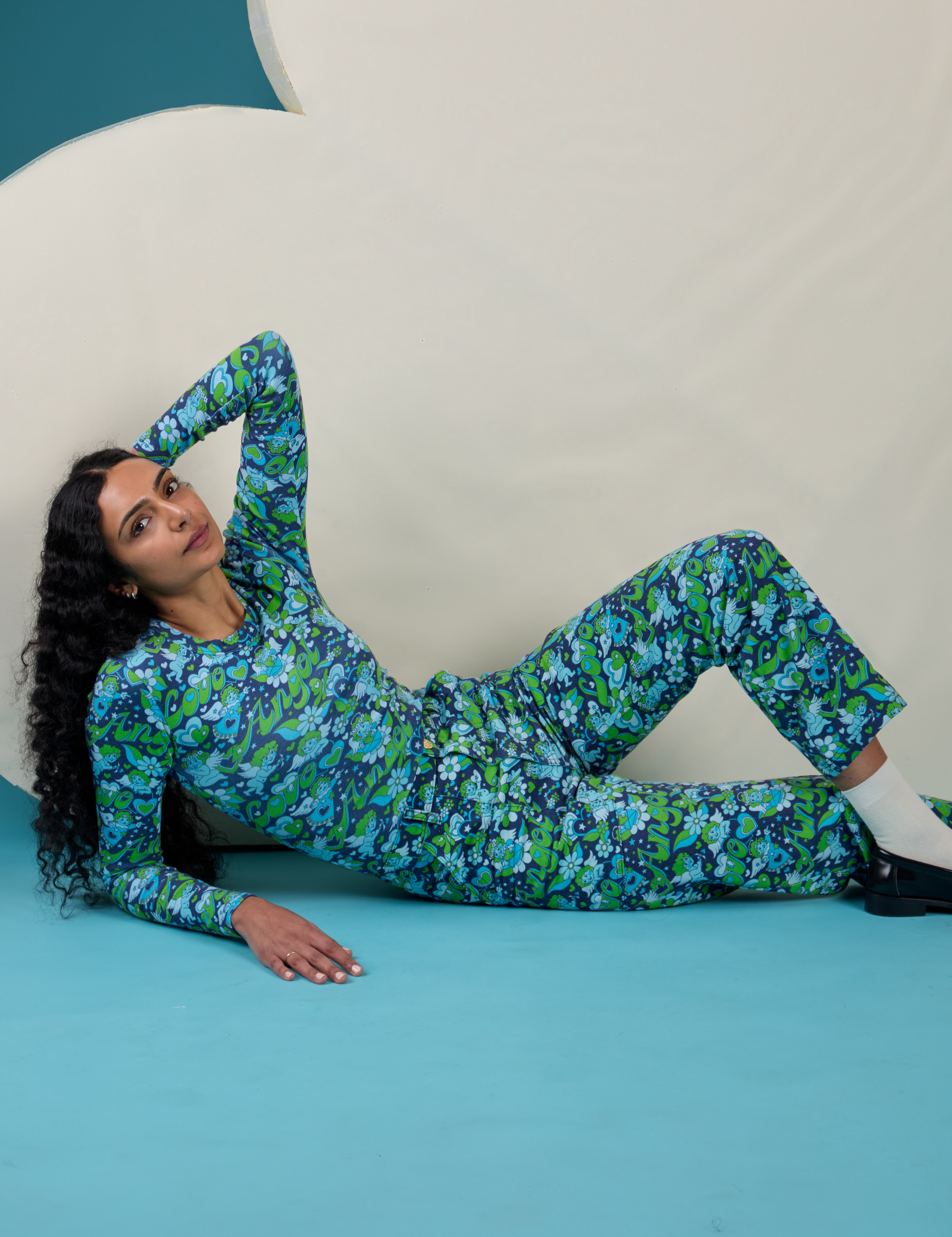 Work Pants in Angel Print and matching Long Sleeve Baby Tee on Shahana