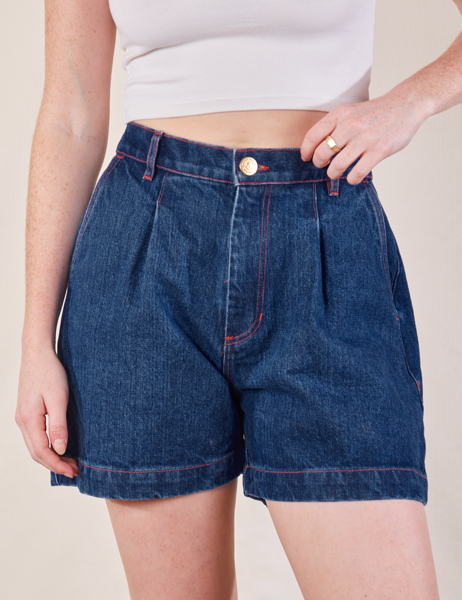 Denim Trouser Shorts in Dark Wash front close up on Margaret