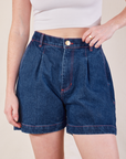 Denim Trouser Shorts in Dark Wash front close up on Margaret