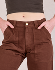 Mid-Rise Work Pants in Fudgesicle Brown front close up on Margaret