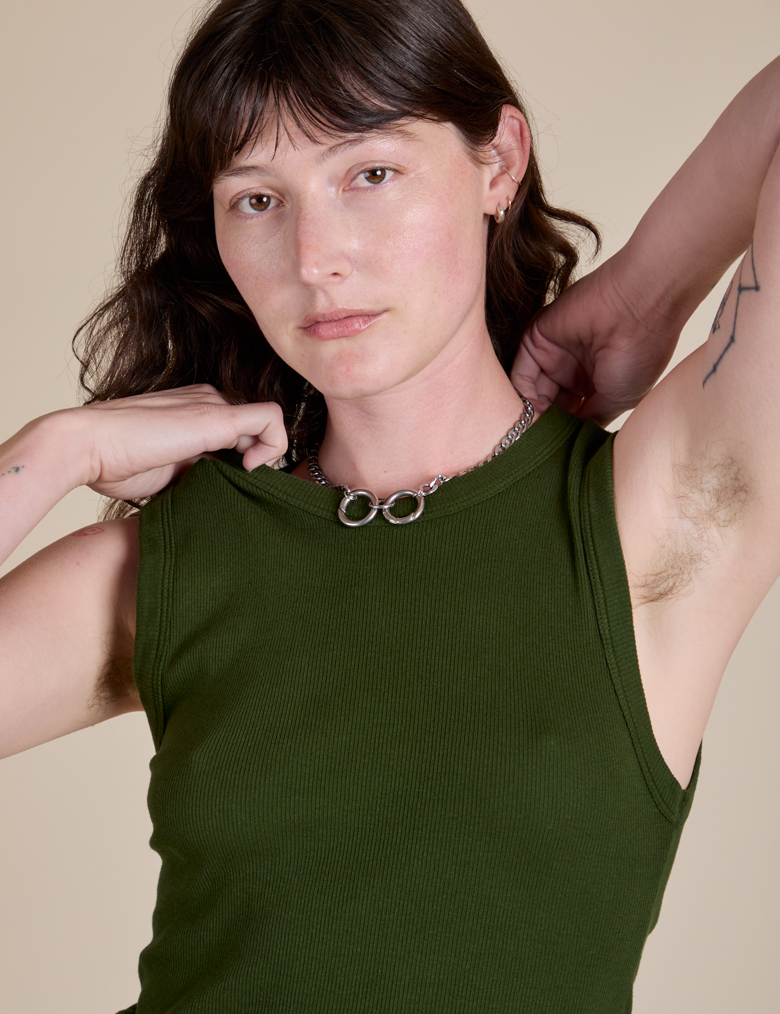 Muscle Tee in Evergreen front close up on Alex