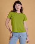 Alex is 5’8” and wearing P Organic Vintage Tee in Gross Green