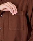 Twill Overshirt in Fudgesicle Brown front pocket close up