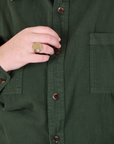 Twill Overshirt in Swamp Green front close up on Juliet