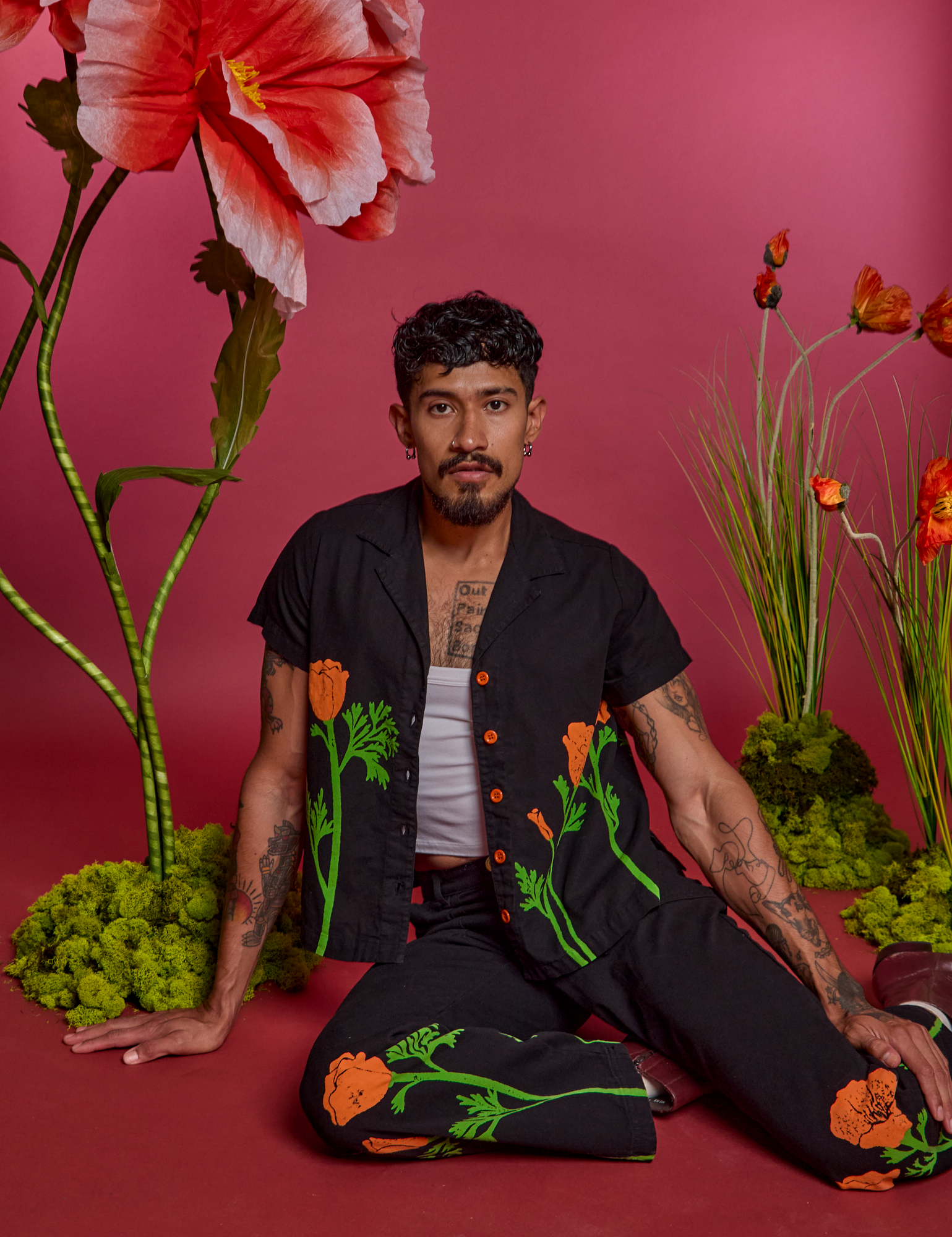 Paintstamped Work Pants in Poppy and matching Work Pants on Jesse