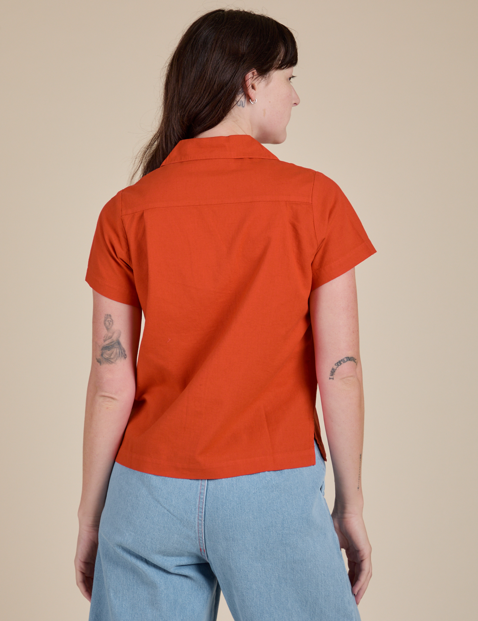 Pantry Button-Up in Chili Red back view on Alex