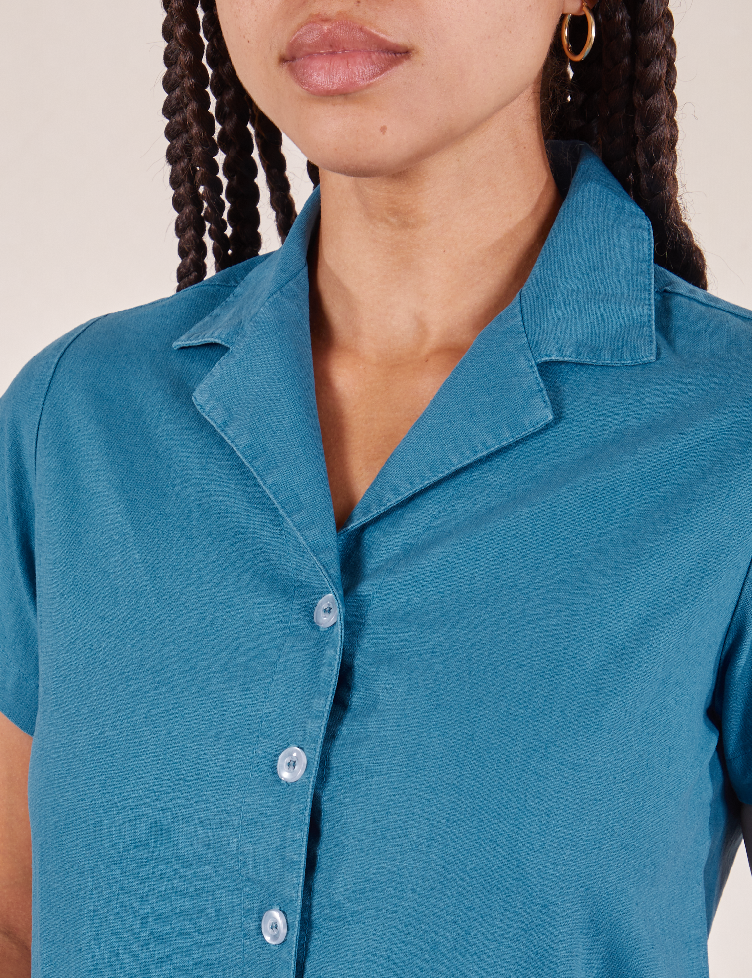 Front close up of Pantry Button-Up in Marine Blue worn by Gabi