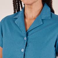 Front close up of Pantry Button-Up in Marine Blue worn by Gabi