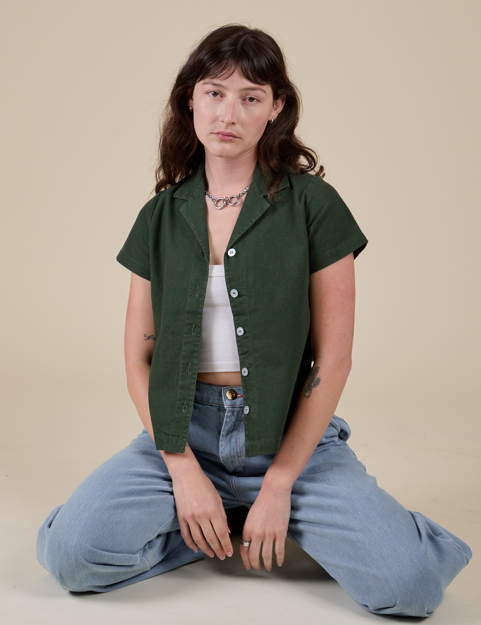Pantry Button-Up in Swamp Green on Alex