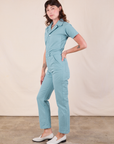 Short Sleeve Jumpsuit in Baby Blue side view on Alex