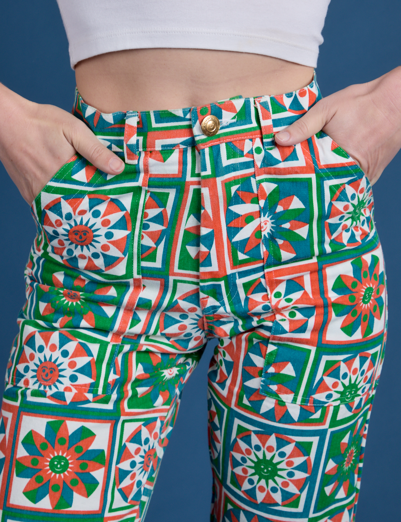 Work Pants in Quilt Print front close up on Alex