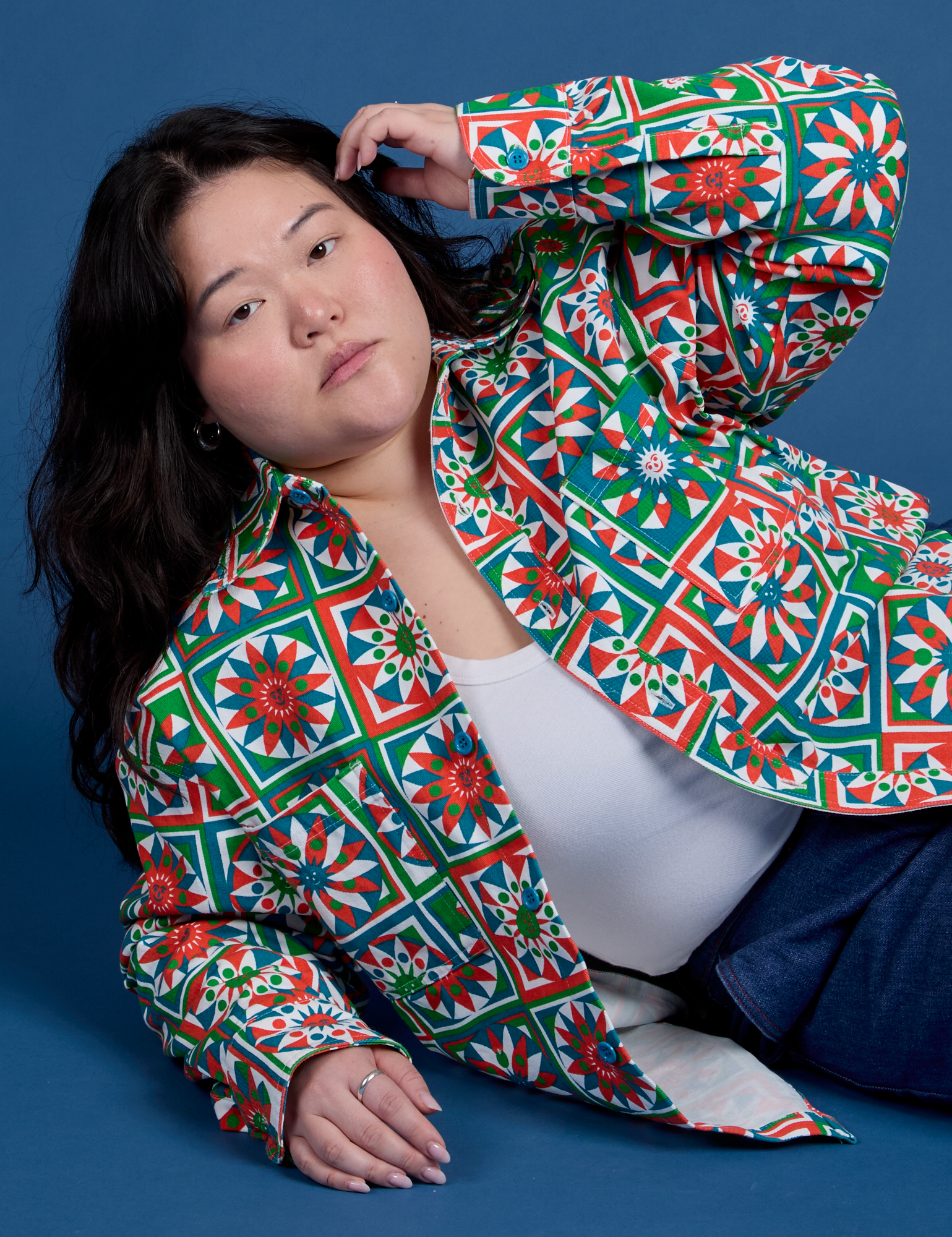 Ashley is wearing Cropped Overshirt in Quilt Print