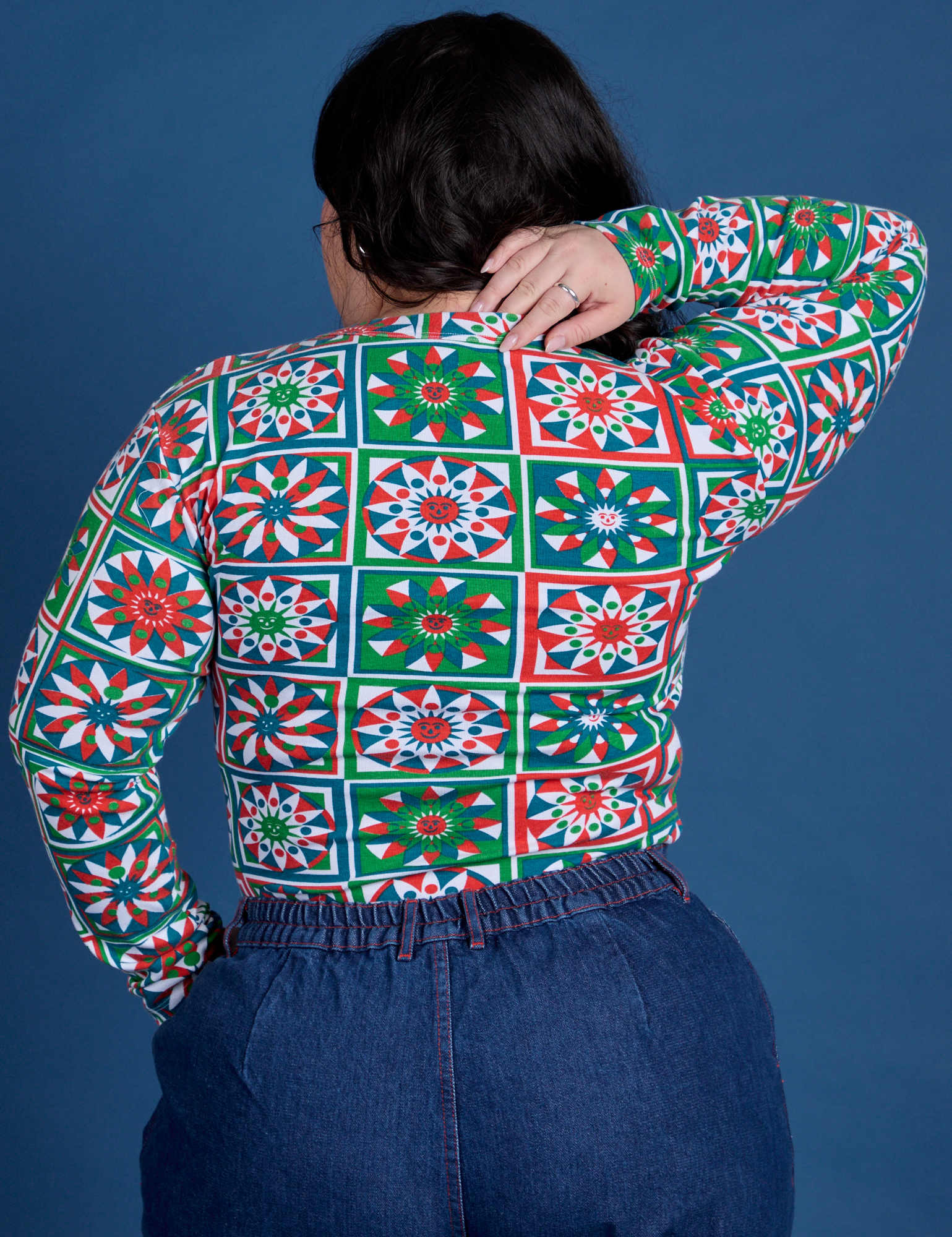 Long Sleeve Baby Tee in Quilt Print back view on Ashley