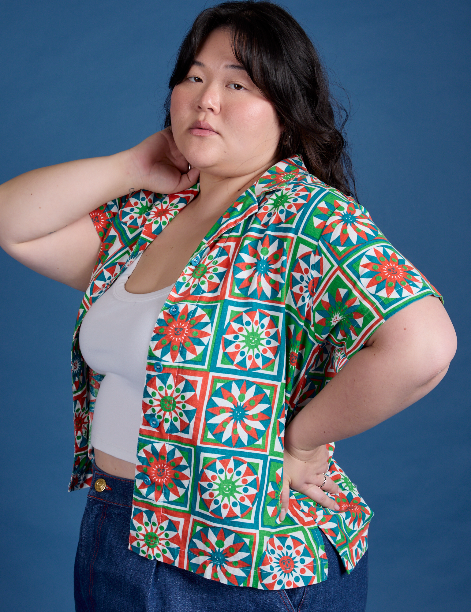 Angled front view of Quilt Print Pantry Button-Up on Ashley