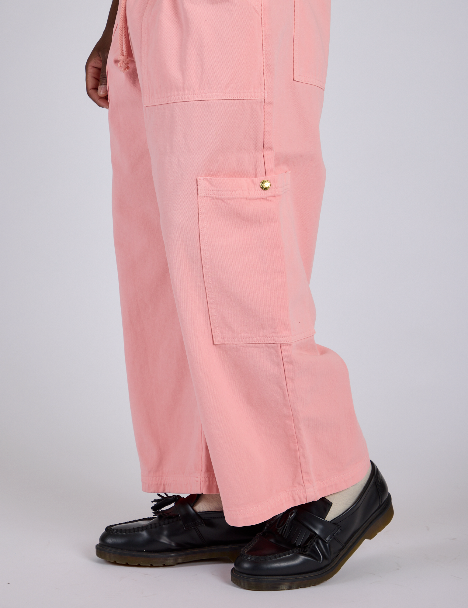 Drop Pocket Cargo Pants in Baby Pink side pant leg close up on Isaac