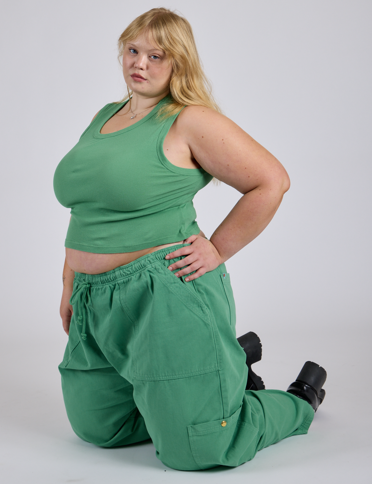 Drop Pocket Cargo Pants in Seafoam Green and matching Muscle Tee worn by Juliet
