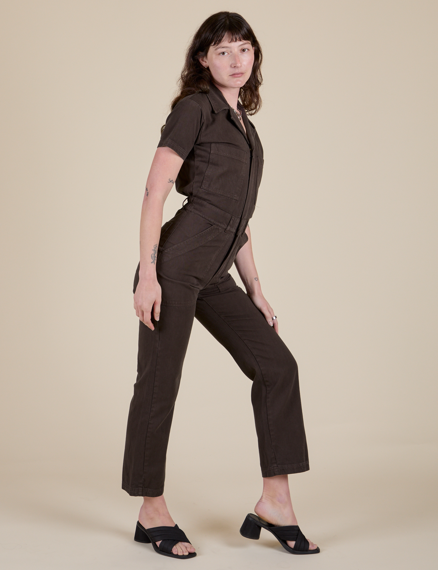 Side view of Short Sleeve Jumpsuit in Espresso Brown on Alex