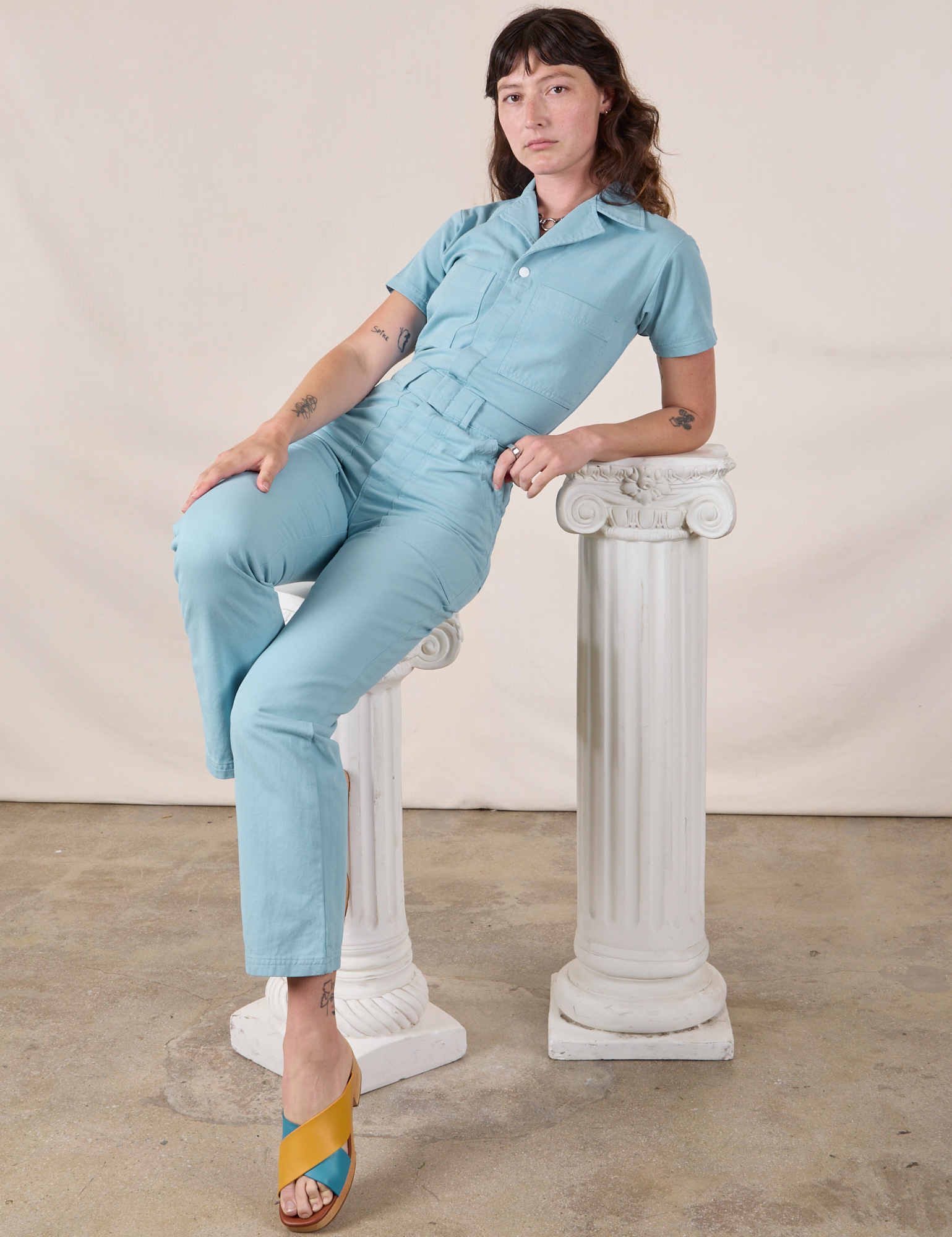 Short Sleeve Jumpsuit in Baby Blue on Alex