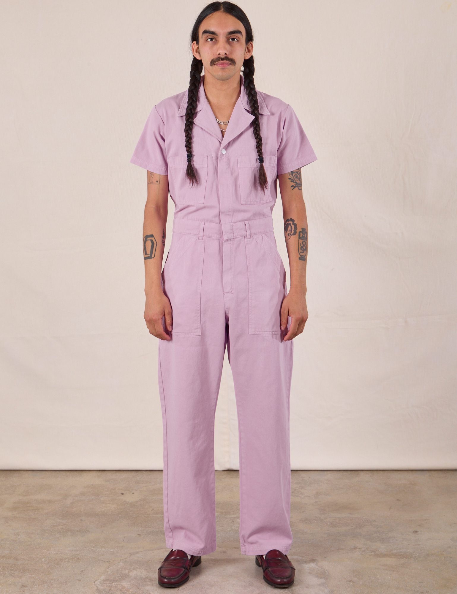 Anthony is 5&#39;10&quot; and wearing S Short Sleeve Jumpsuit in Lilac