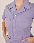 Front close up of Short Sleeve Jumpsuit in Faded Grape worn by Tiara