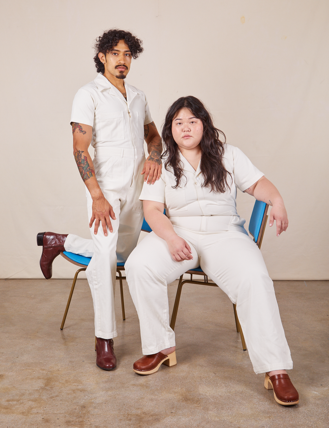 Ashley and Jesse are both wearing Short Sleeve Jumpsuit in Vintage Tee Off-White