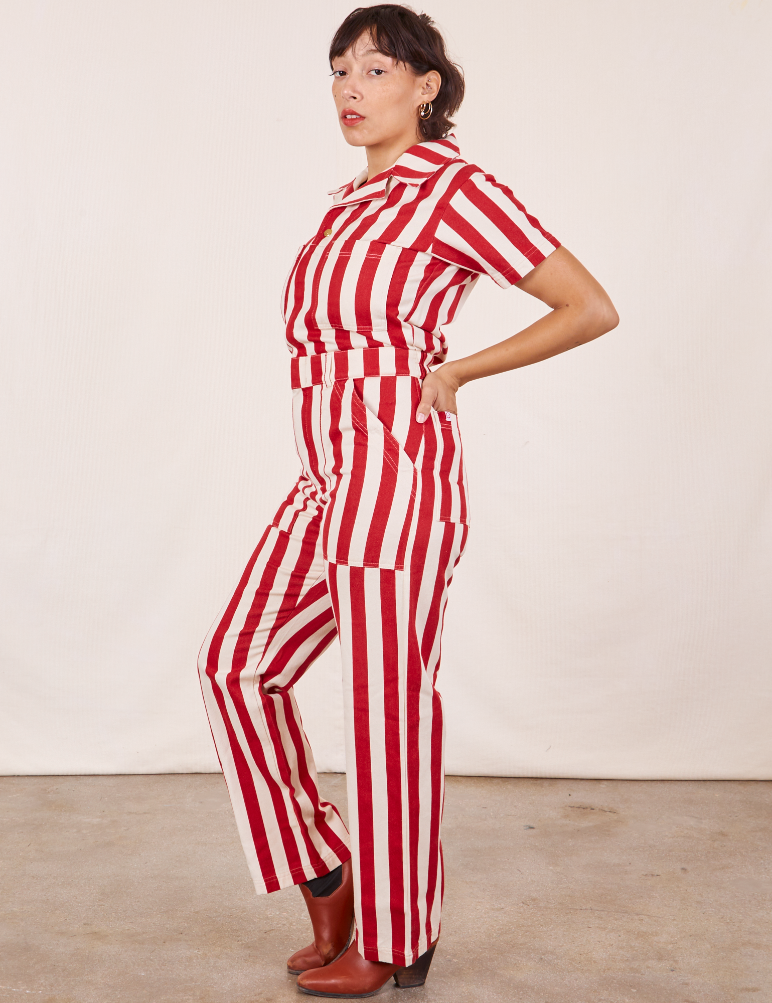 Side view of Cherry Stripe Jumpsuit on Tiara